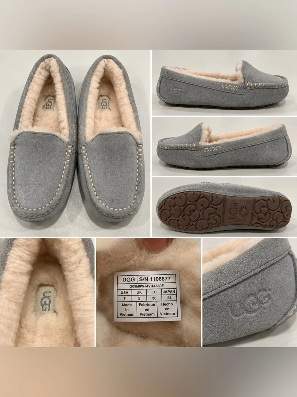 UGG Ansley Light Grey Suede Wool Lined Moccasin Slippers Womens 7